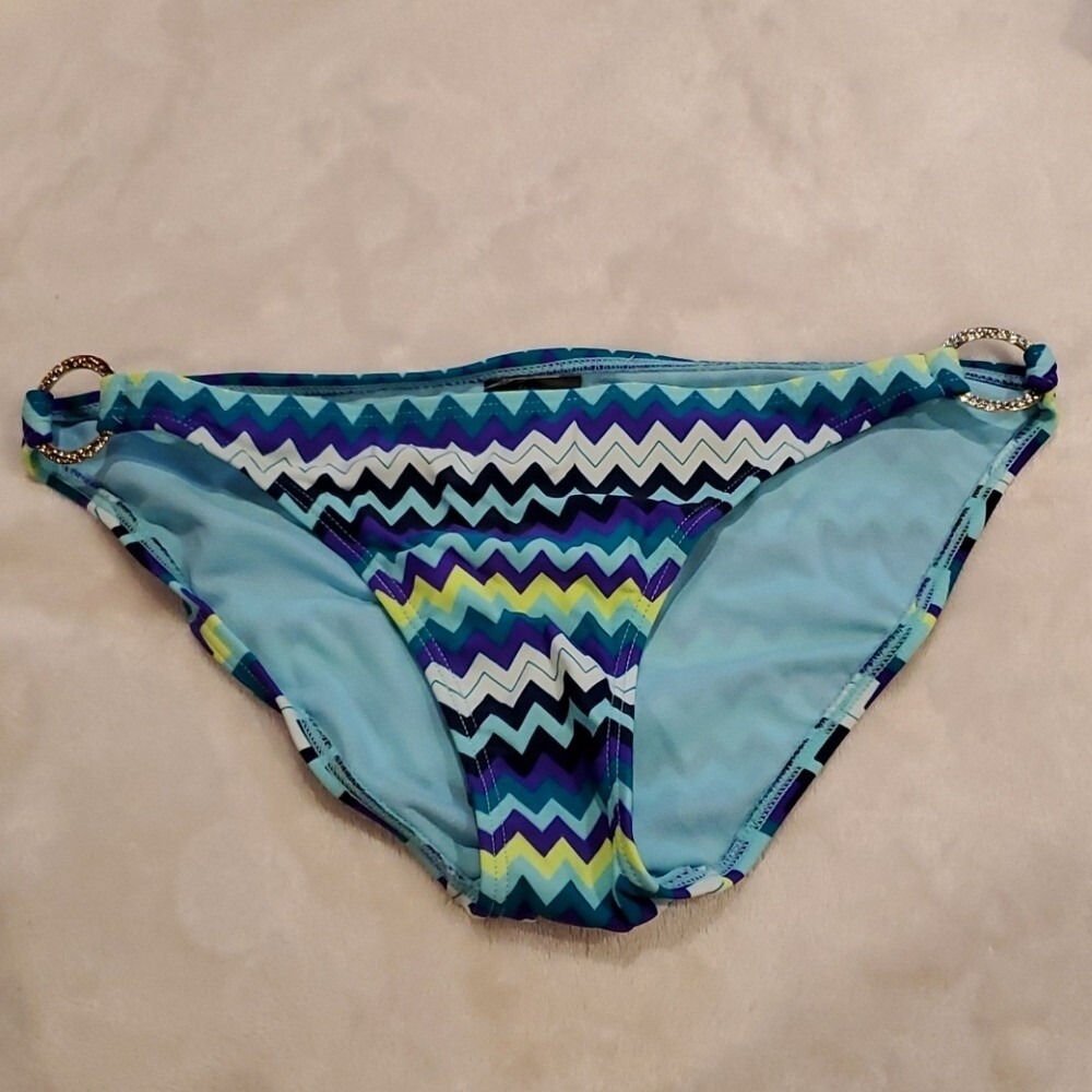Multicolor Chevron Print Bikini Bottoms with Rhinestone O-Rings Blue Purple Teal